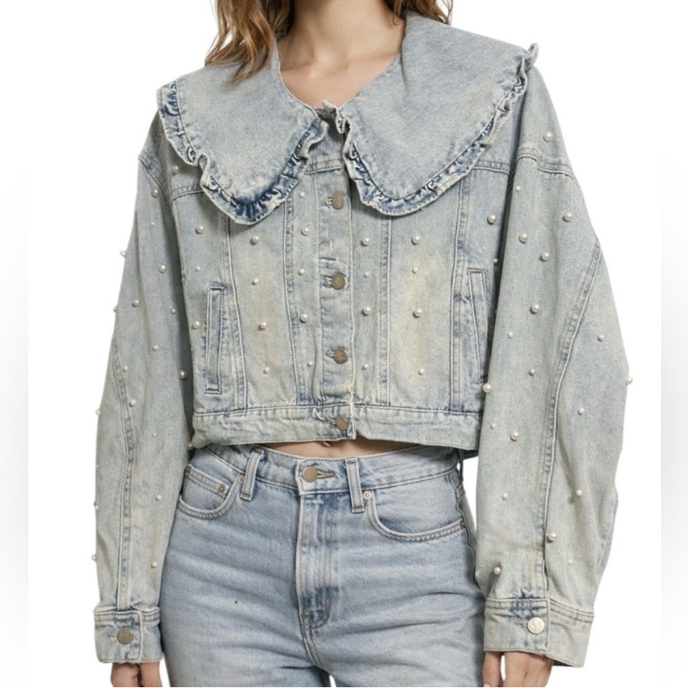 Peach Love Cropped Pearl Embellished Light Wash Denim Jacket